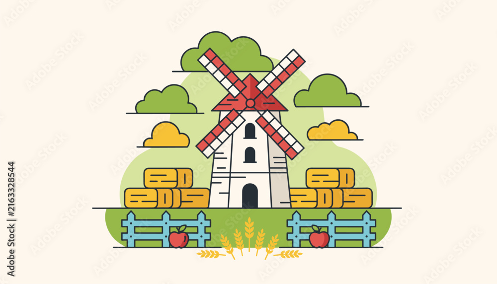 Fototapeta premium Traditional farm windmill surrounded by hay bales, blue wooden fences, and wheat ears under a cloudy sky.