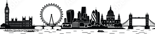 London city skyline silhouette vector illustration featuring famous landmarks wheel and bridge