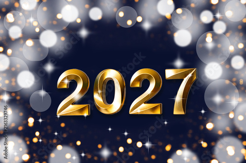 Golden 2027 New Year celebration background with bokeh lights and festive sparkle