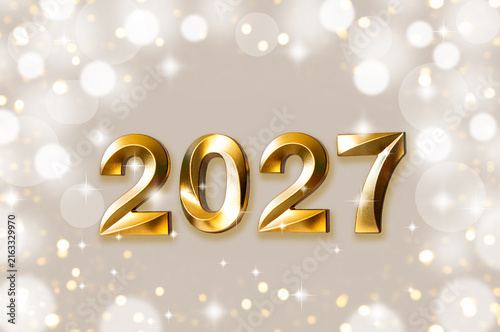 Shiny gold 2027 numbers with bokeh lights for New Year celebration and party background