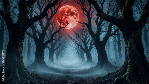 Haunting Red Moon Over Misty Forest Path Framed by Leafless Trees
