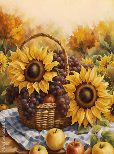 Autumn still life, sunflower, dry leaves, pumpkin. AI generator, AI, image of a neural network. background for design.