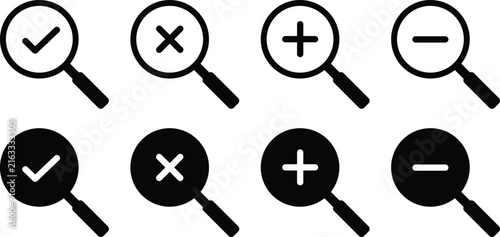 Foto Magnifying glass with plus and minus zoom icon set vector illustration