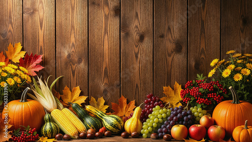 Autumn Harvest Display with Pumpkins, Fruits, Corn, and Colorful Leaves
