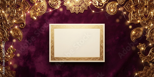 Happy Rakshabandhan wishes greeting card template, blank copyspace, luxurious golden floral pattern border, Indian festival 