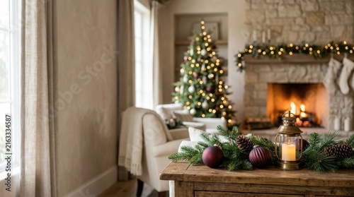 Christmas tree and fireplace in a cozy living room
