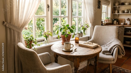 Cozy breakfast nook with wooden table and chairs by a sunlit window in a rustic home