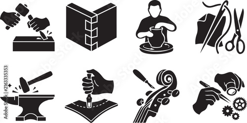 Craftsmanship Skills Icon Set Anvil Violin Scissors Book Meditation Symbol Black