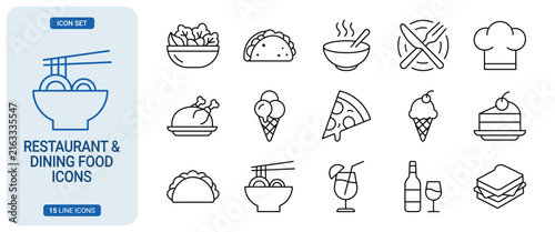 Restaurant and dining food line icon set including salad, taco, soup, cutlery, chef hat, chicken, ice cream, pizza, cake, drink, and sandwich
