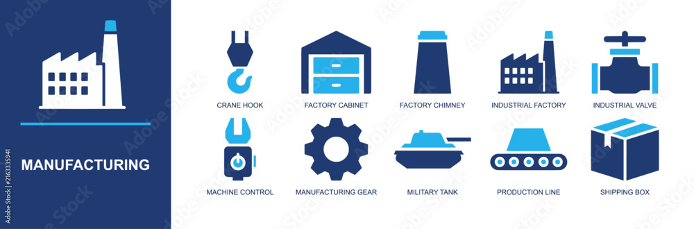 Fototapeta premium Manufacturing icon set. Containing crane hook, factory cabinet, chimney, industrial plant, valve, machine control, gear, production line, shipping box and more. Solid fill vector icons.