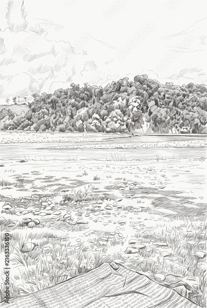 Fototapeta premium Hand drawn monochrome illustration capturing a peaceful wide river landscape with stones in the foreground and thick woods in the background