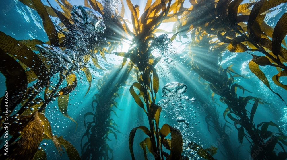 Fototapeta premium Underwater view looking up through kelp forest. Sunbeams pierce blue ocean water through golden seaweed plants. Bubbles rise toward surface in deep sea ecosystem. Bright rays create light effect in