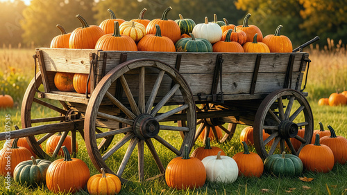 Wooden Wagon Filled with Pumpkins on Autumn Field with Harvest Atmosphere
