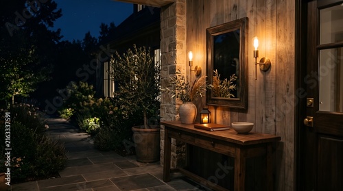 Cozy outdoor entryway with warm wall lighting and rustic wooden console table at night.
