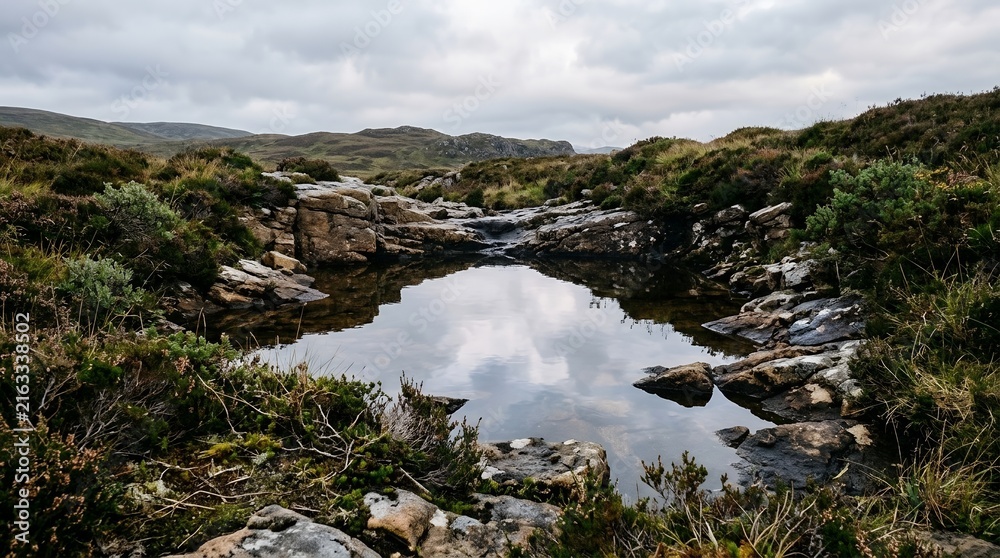 Obraz premium Tranquil Rocky Pool Reflecting Overcast Sky in a Dramatic Highland Landscape with Rolling Hills and Mossy Terrain