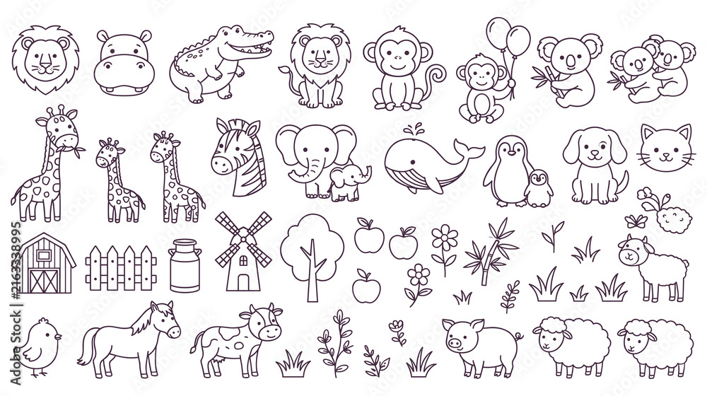 Naklejka premium Zoo animals collection with farm rustic barn elements set.