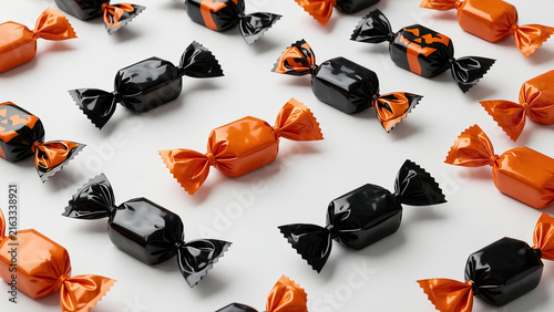 Wrapped Candies in Orange and Black Neat Grid Pattern Display
