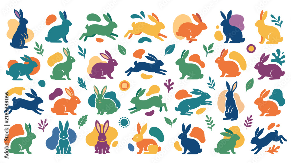 Obraz premium Colorful rabbit sticker set with modern abstract shapes.