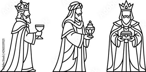 Bild auf Leinwand Three Magi Kings Illustration with Crowns, Robes, and Gifts Featuring Wise, Men