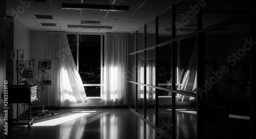 Obraz na płótnie Dimly Lit Hospital Room With Medical Equipment And City Lights At Night Through Curtains