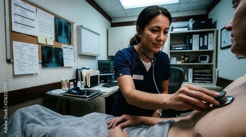 Dedicated Nurse Examines Patient With Stethoscope In Doctor's Office