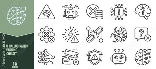 Ai hallucination warning icon set, artificial intelligence errors and technical glitch line icons for data analysis and machine learning concepts