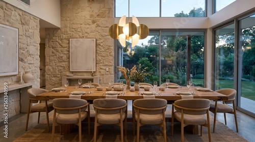 Modern dining room interior with stone wall and large wooden table for luxury home design