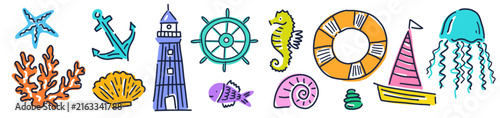 A collection of hand-drawn, doodle-style illustrations of nautical and lighthouse themes.	
