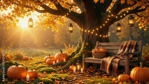 Golden Autumn Tree with Pumpkins, Lanterns, Bench, and Cozy Seasonal Glow
