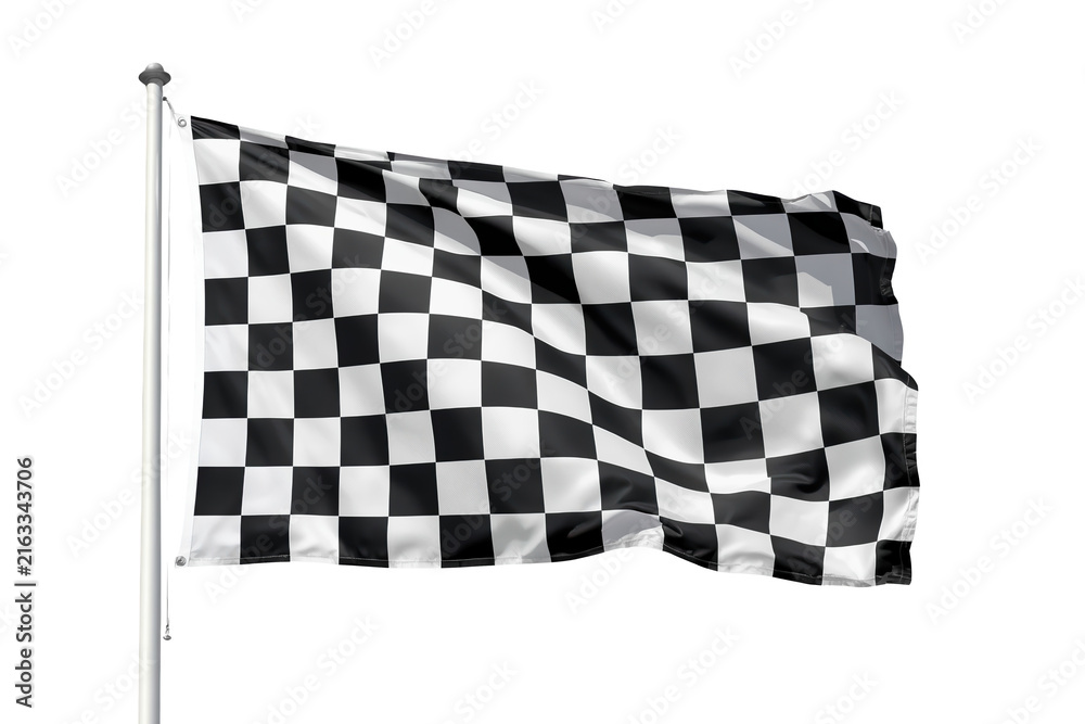Obraz premium Black and white checkered racing flag waving on pole
