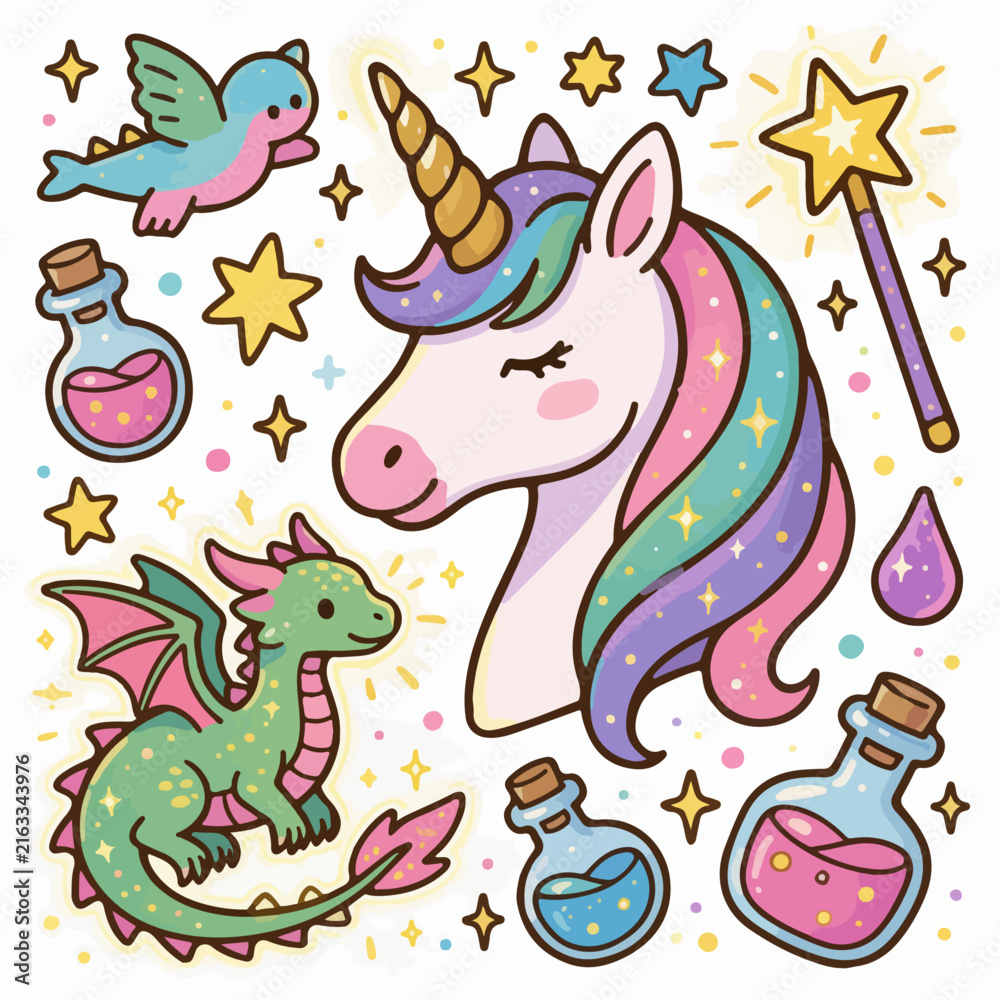 Fototapeta premium Magical Fantasy Unicorn Dragon and Stars Vector Set,