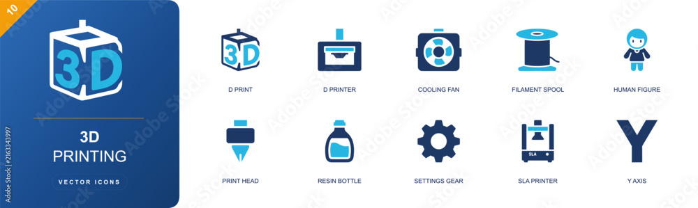 Fototapeta premium 3D printing icon set. Containing 3D print cube, 3D printer, cooling fan, filament spool, human figure, print head, resin bottle, settings gear, SLA printer and more. Solid fill vector icons.
