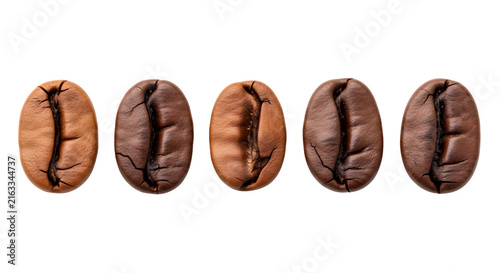 Five roasted coffee beans arranged in a clean horizontal row isolated on a pure transparent background for culinary and beverage design projects