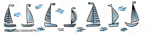 A horizontal collection of hand-drawn doodle-style sailing yachts	