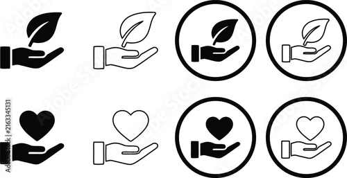 Set of hand holding leaf and heart icons representing sustainability love care environment and charity design elements