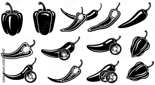 Bell pepper and chili pepper silhouettes on a white background