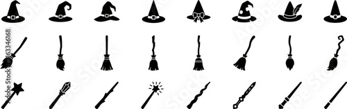 Foto A collection of black silhouette icons featuring witch hats brooms and magic wan