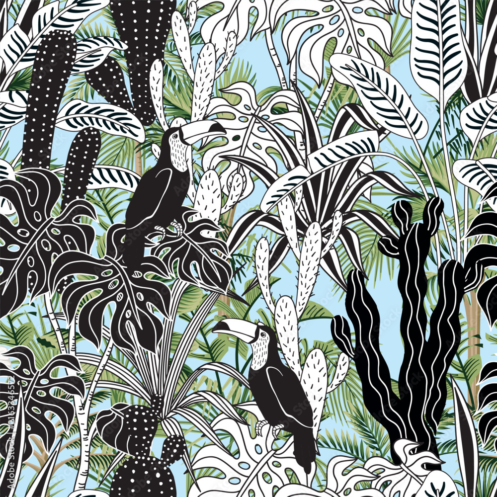 Naklejka premium Toucan in the jungle seamless pattern. Cactus, tropical plant, palm, banana tree wallpaper.