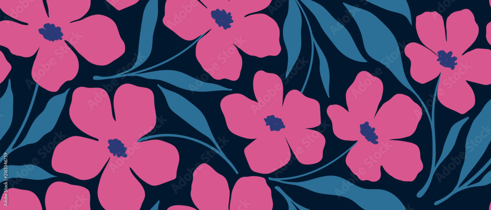 Fototapeta premium Leaves branch and Hand Drawn simple floral plants banner. seamless pattern. Creative minimalist Abstract art background. Design wall decoration, postcard, poster or brochure