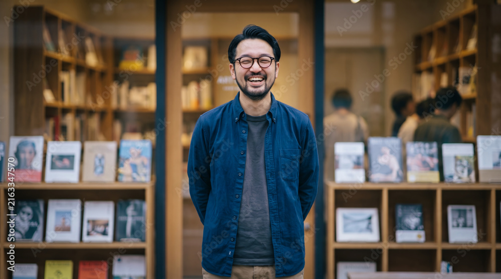 Fototapeta premium 書店やブックカフェの店頭で笑顔を見せる男性店主