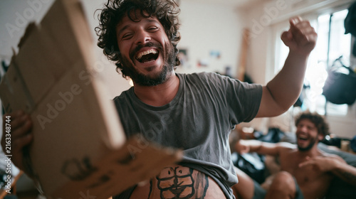 Playful Man Laughing and Showing Drawn Six Pack Abs