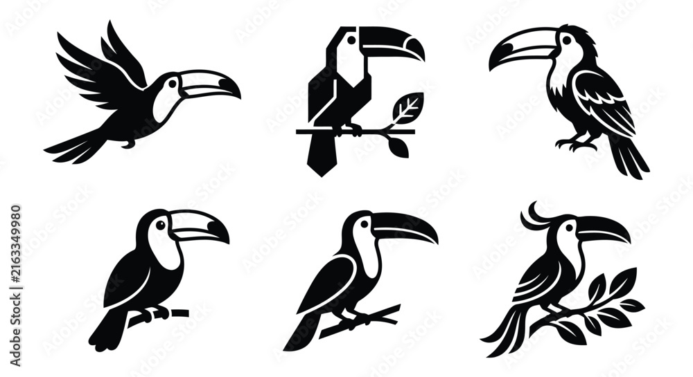 Naklejka premium Toucan silhouettes showcase a simple black vector design on a white background