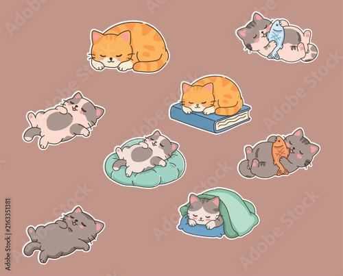 Cute Sleeping Cat Sticker Pack Collection with Cozy Kitten, Fish, Book and Cushion Cartoon Vector Set