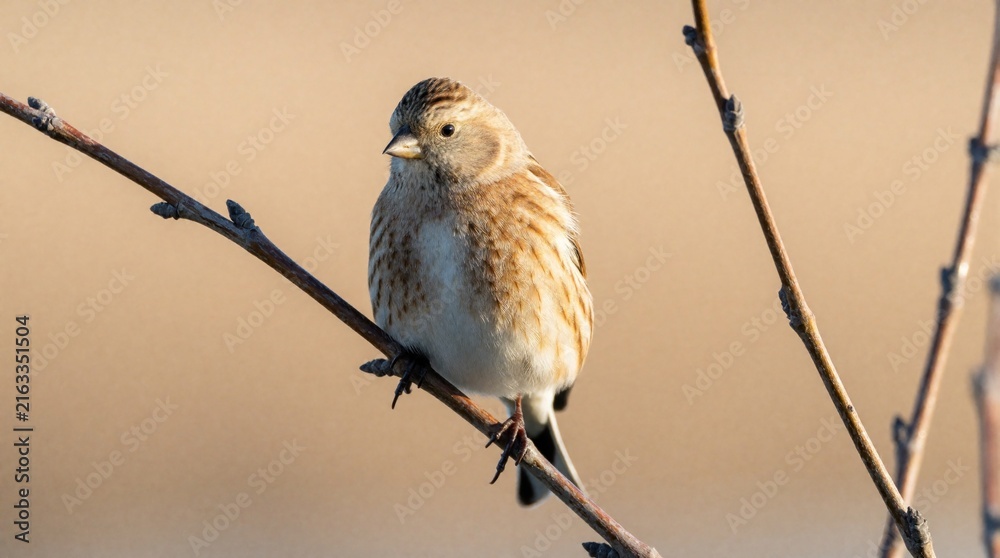 Naklejka premium Common linnet bird perches on a bare twig. Small passerine songbird shows its brown streaked plumage. Wildlife scene in natural outdoor setting.