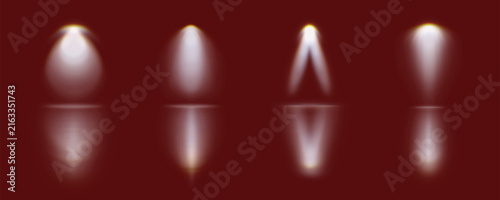 Vector illustration of isolated light with mirror reflection, light of lighting fixtures, stage lighting, theater lighting on red background.