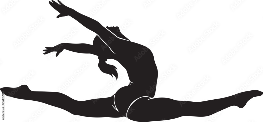 Fototapeta premium Athletic female gymnast silhouette performing dynamic split jump pose for web graphics.