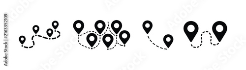 Collection of path navigation map pin markers with multiple stops for transport route apps.