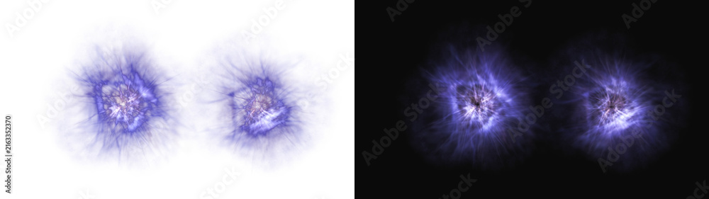 Fototapeta premium PNG image of Dual glowing purple nebula orbs with intense radiating light beams and ethereal cosmic energy patterns featured on transparent background