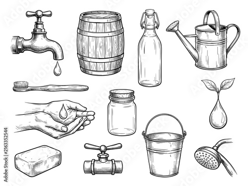 Ink sketch of water conservation and zero waste icon set, isolated on white background for ecology concept