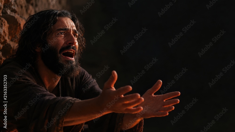 © Svitlana Vorotniak - Desperate bearded man reaching forward in darkness with tearful expression. Biblical parable of the rich man pleading for mercy and relief from eternal suffering. Dramatic religious concept.